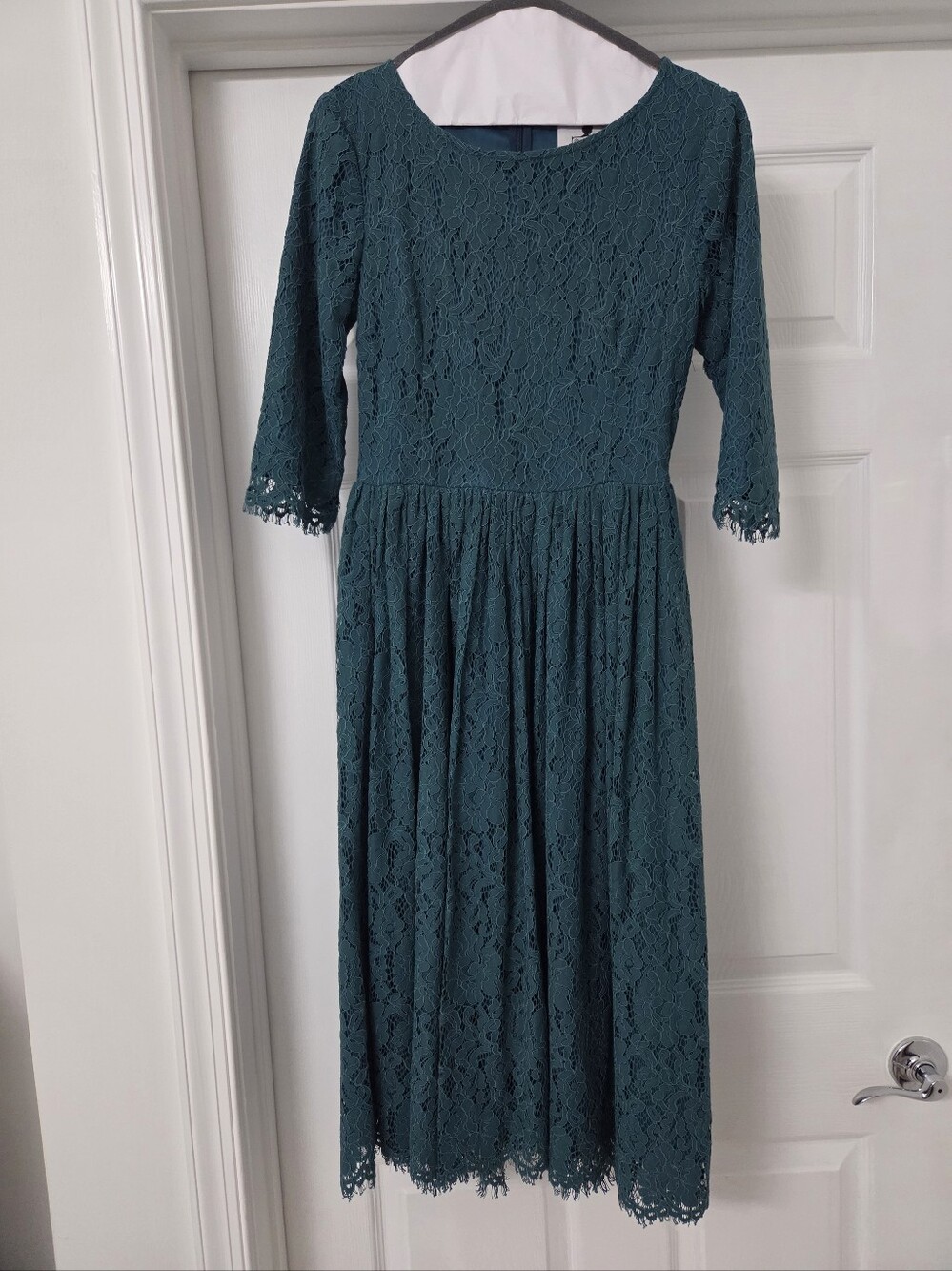 Lace Midi Dress in Teal Green - Elegant Women's Dress 3/4 Sleeves, Fully Lined